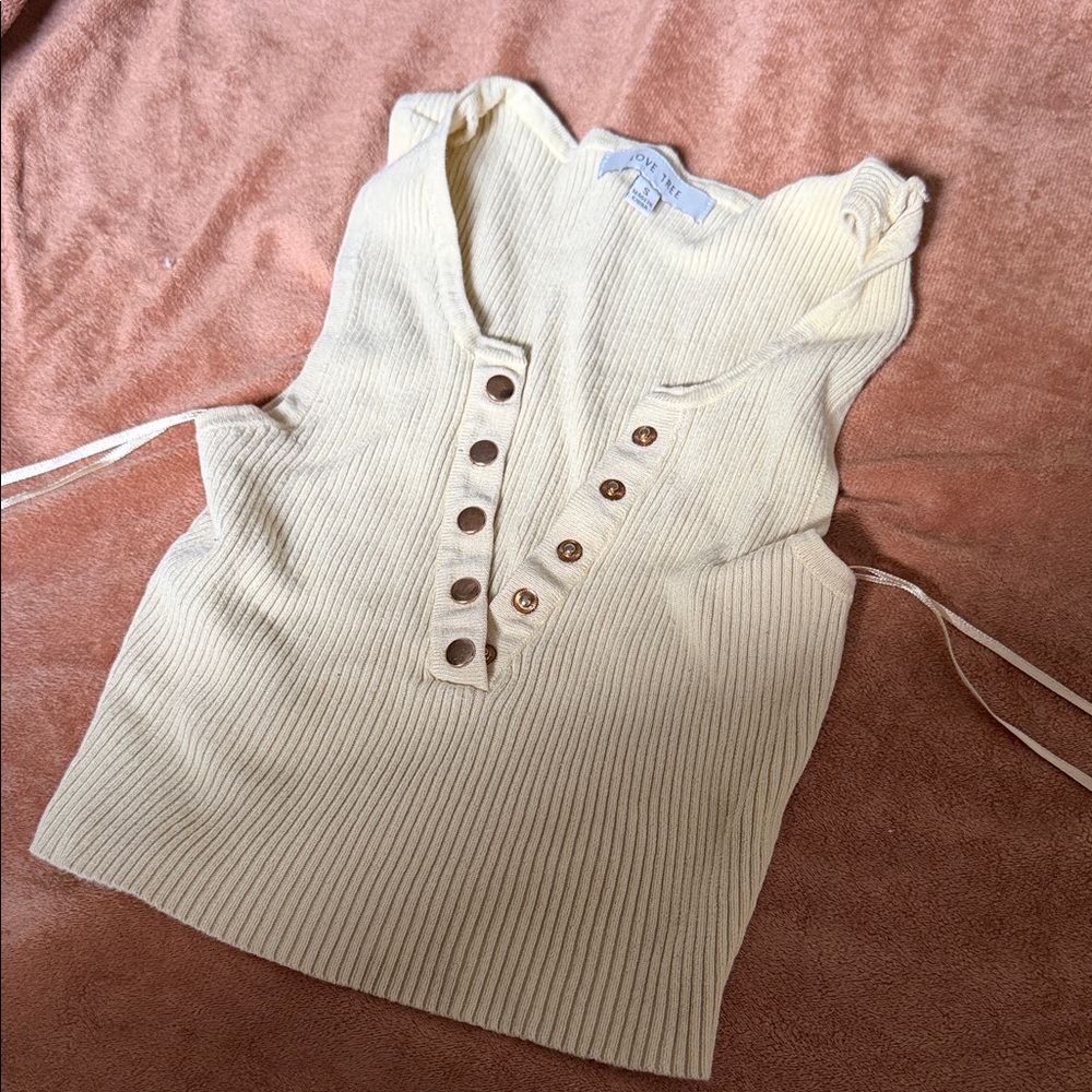 ONE/SIZE Cream Ribbed Crop Top with Button Detail